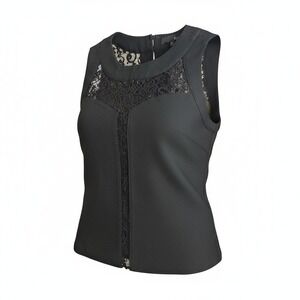 Ro & De Black Sleeveless Top with Floral Lace Illusion Yoke and Center Inset‎